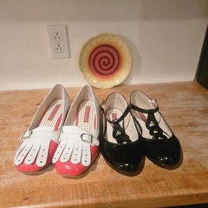 2 Pairs Of B.A.I.T. Vegan Patent Leather Flats--black T-Strap & Red/cream Brogue